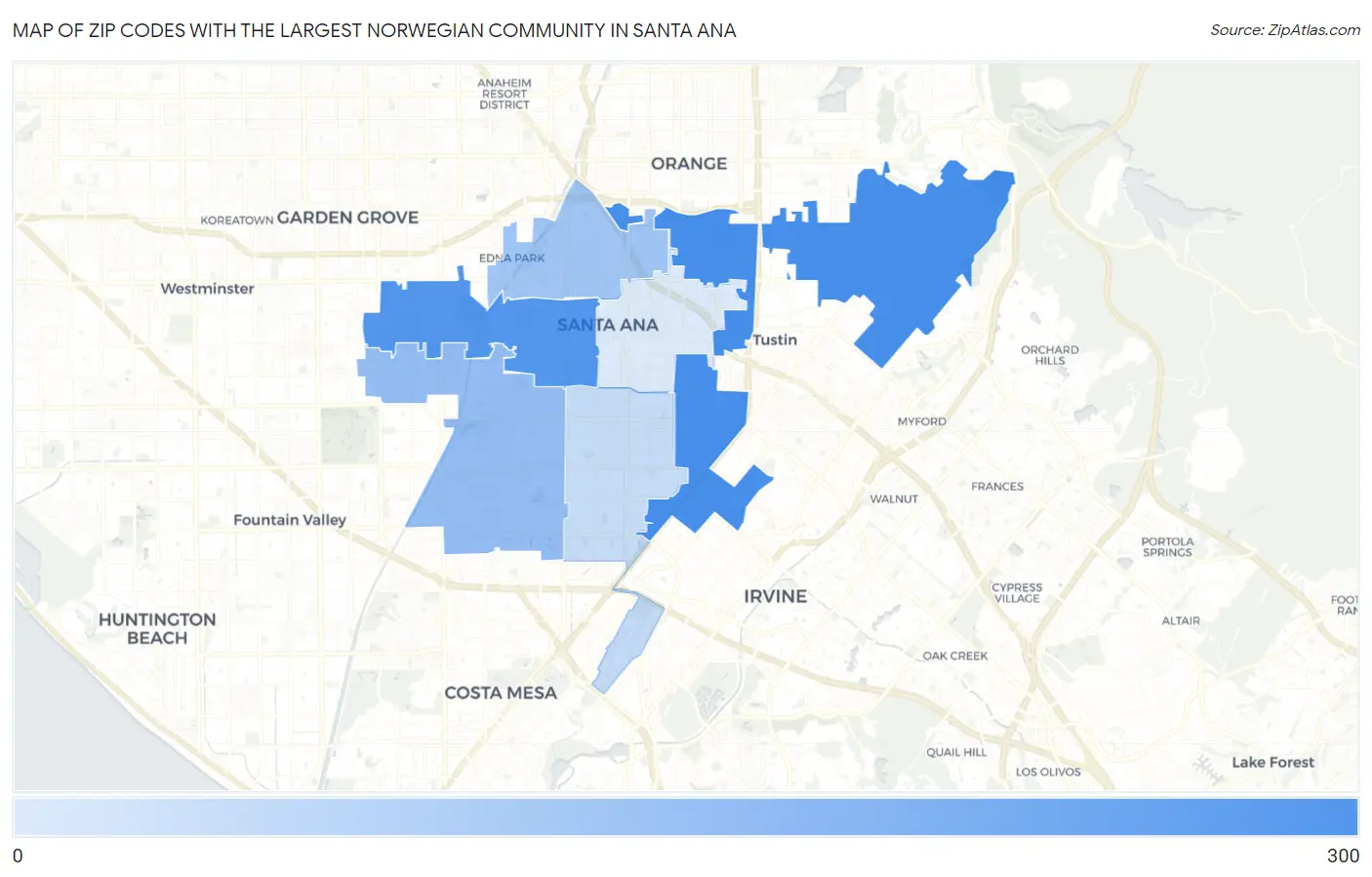 Zip Codes with the Largest Norwegian Community in Santa Ana Map