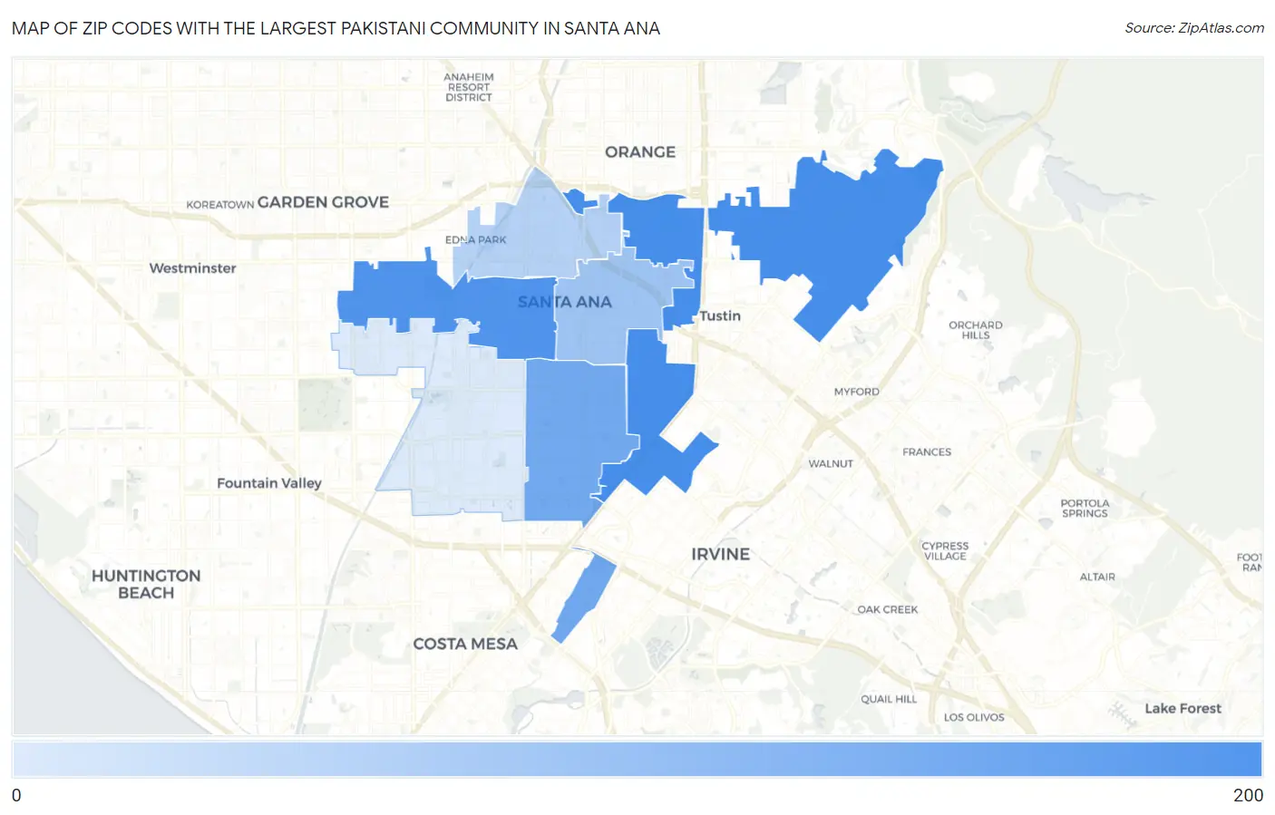 Zip Codes with the Largest Pakistani Community in Santa Ana Map