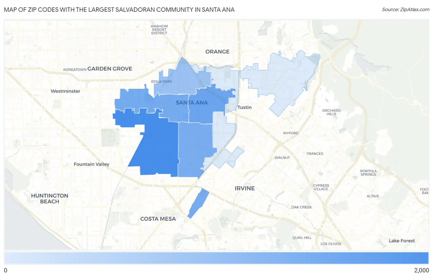 Zip Codes with the Largest Salvadoran Community in Santa Ana Map
