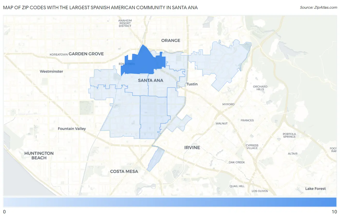 Zip Codes with the Largest Spanish American Community in Santa Ana Map