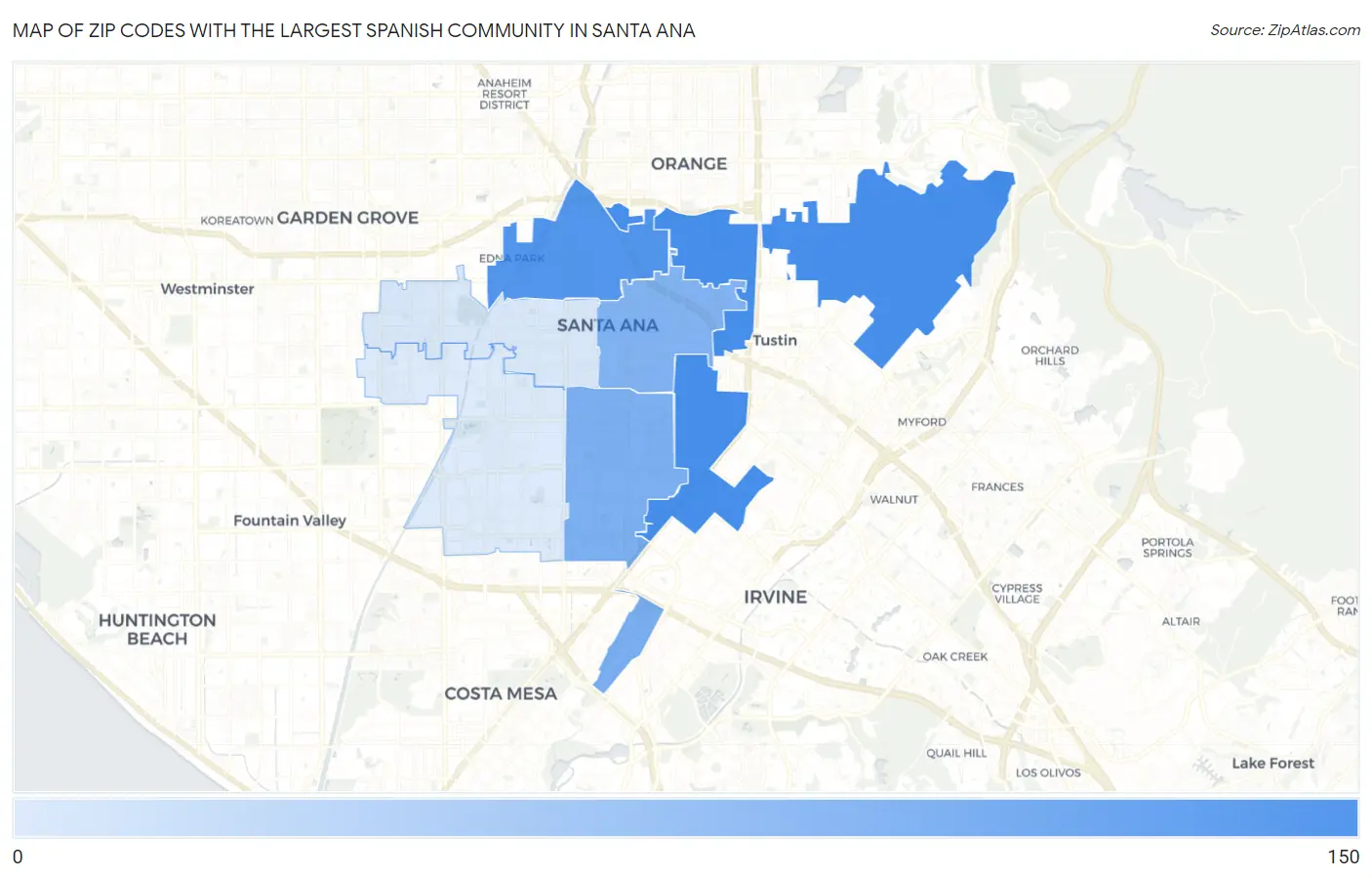 Zip Codes with the Largest Spanish Community in Santa Ana Map