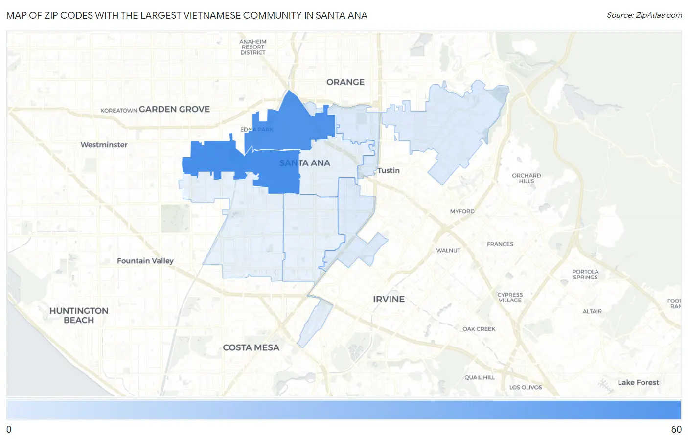 Zip Codes with the Largest Vietnamese Community in Santa Ana Map