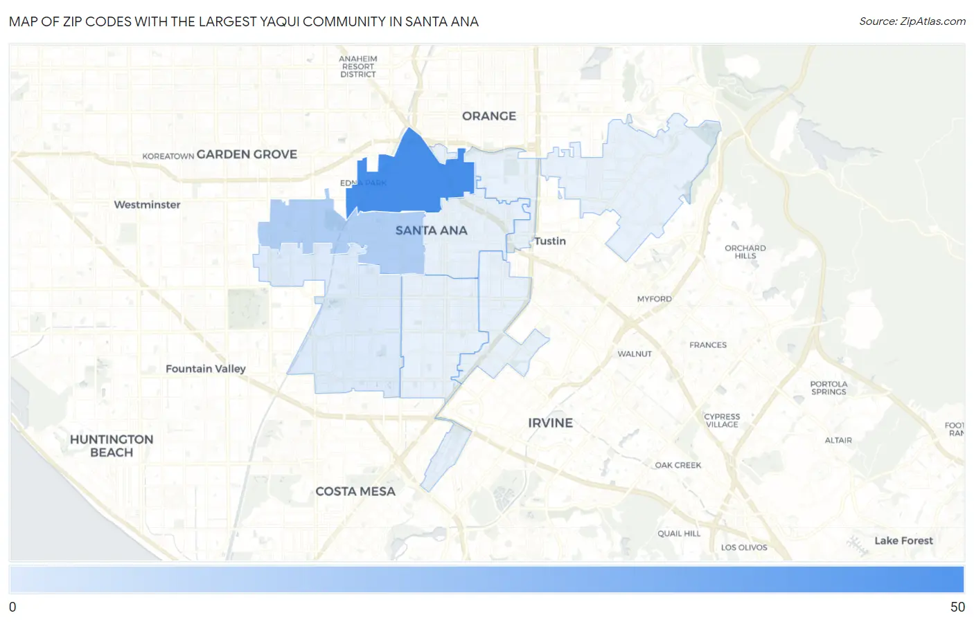 Zip Codes with the Largest Yaqui Community in Santa Ana Map