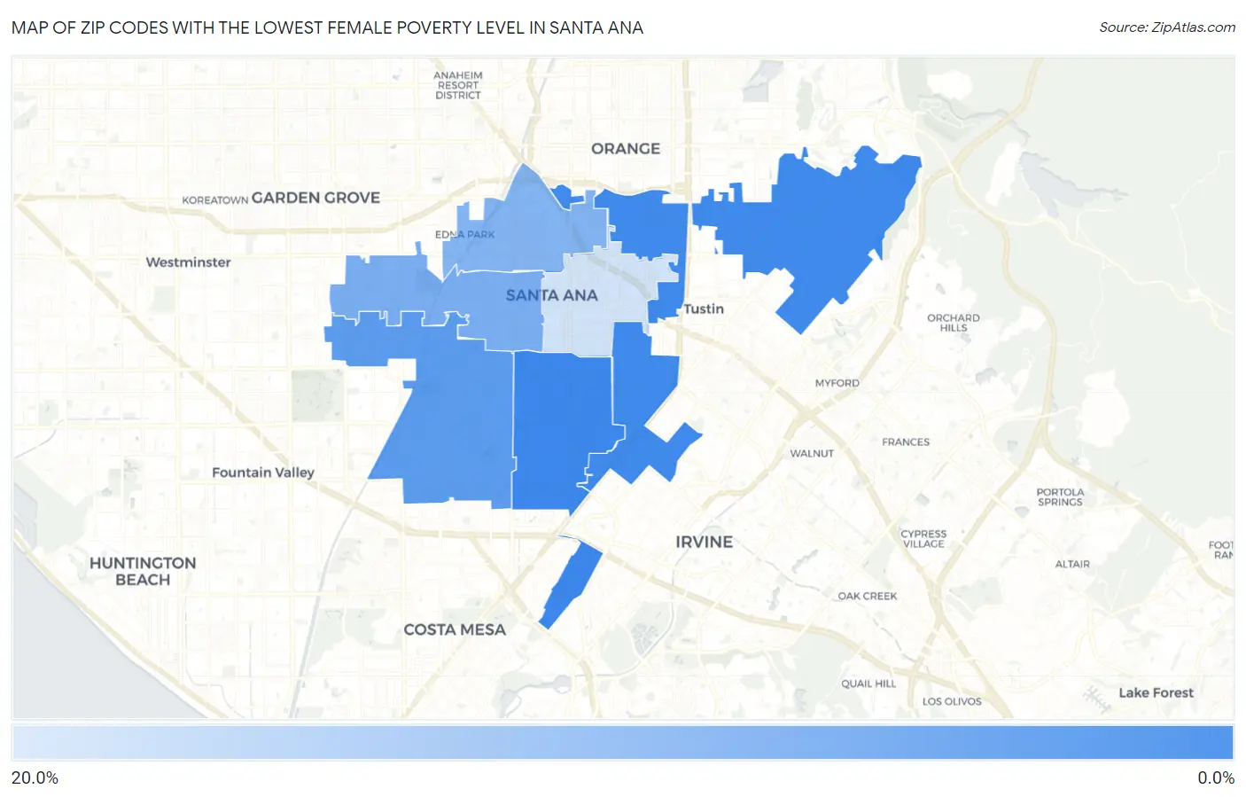 Zip Codes with the Lowest Female Poverty Level in Santa Ana Map