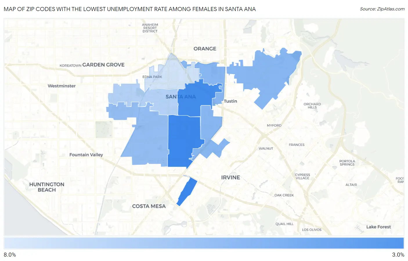 Zip Codes with the Lowest Unemployment Rate Among Females in Santa Ana Map