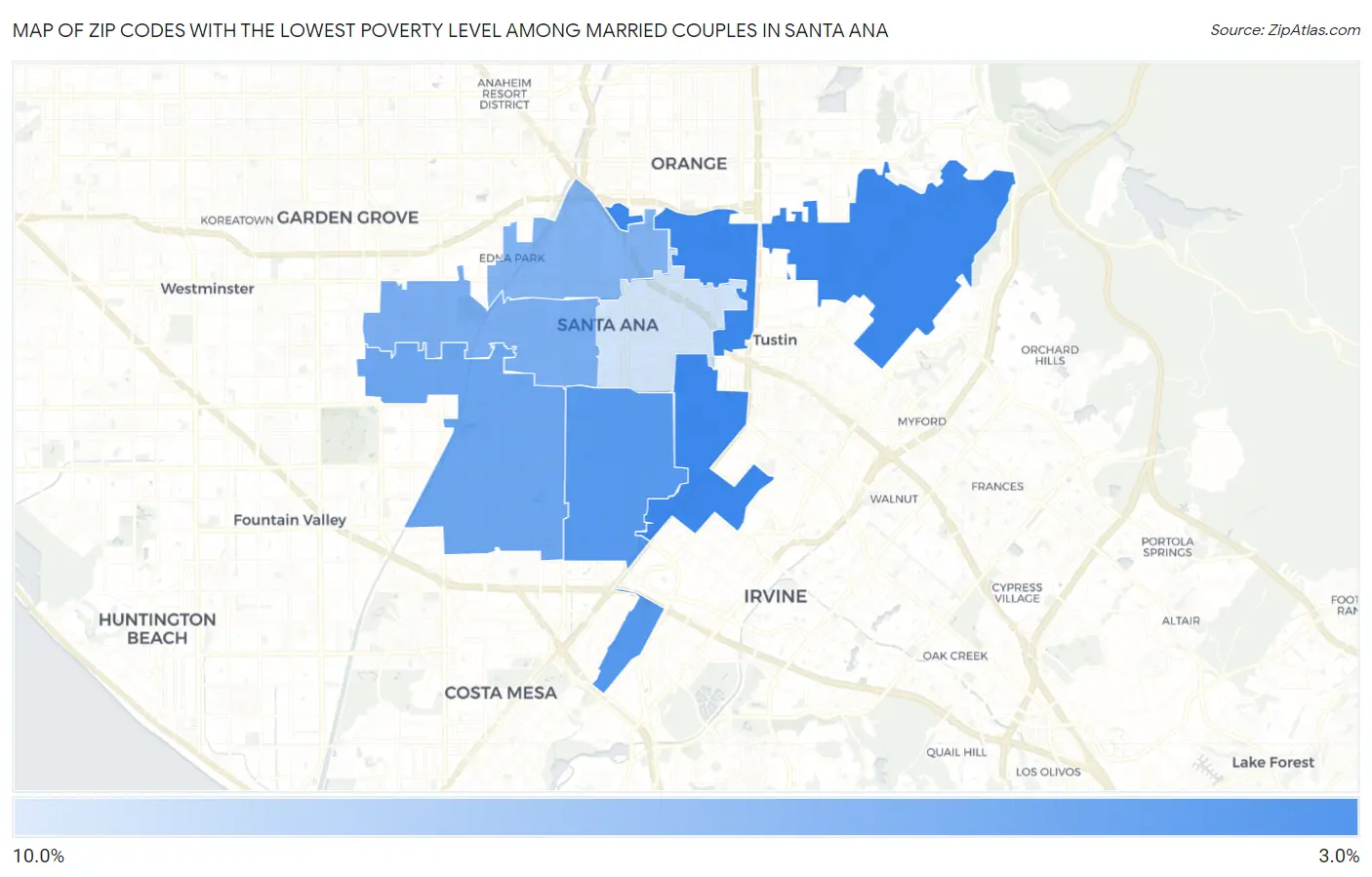 Zip Codes with the Lowest Poverty Level Among Married Couples in Santa Ana Map