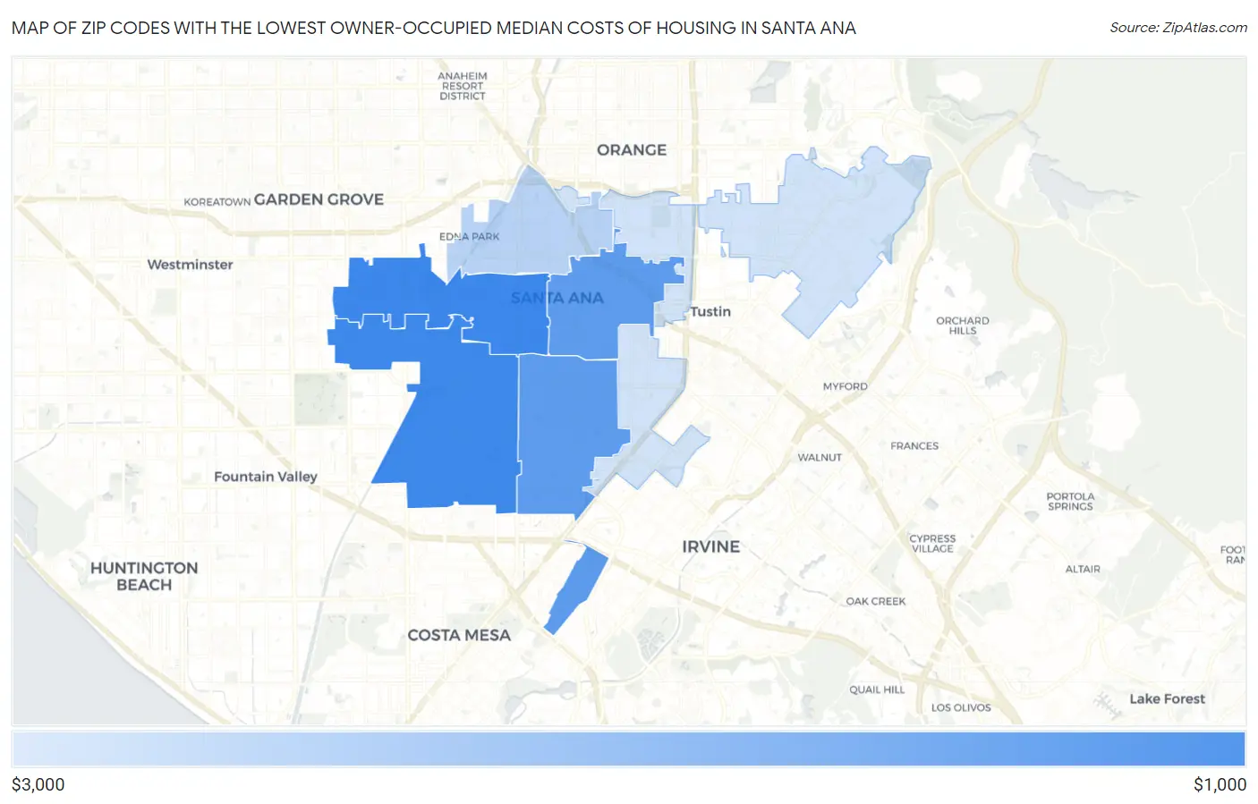Zip Codes with the Lowest Owner-Occupied Median Costs of Housing in Santa Ana Map
