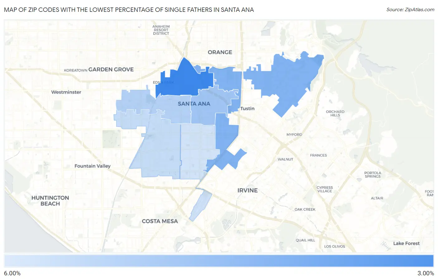 Zip Codes with the Lowest Percentage of Single Fathers in Santa Ana Map
