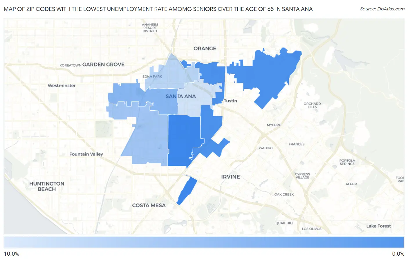 Zip Codes with the Lowest Unemployment Rate Amomg Seniors Over the Age of 65 in Santa Ana Map