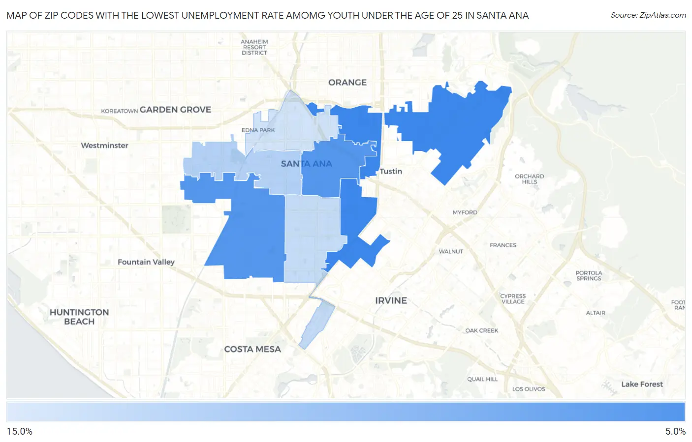 Zip Codes with the Lowest Unemployment Rate Amomg Youth Under the Age of 25 in Santa Ana Map