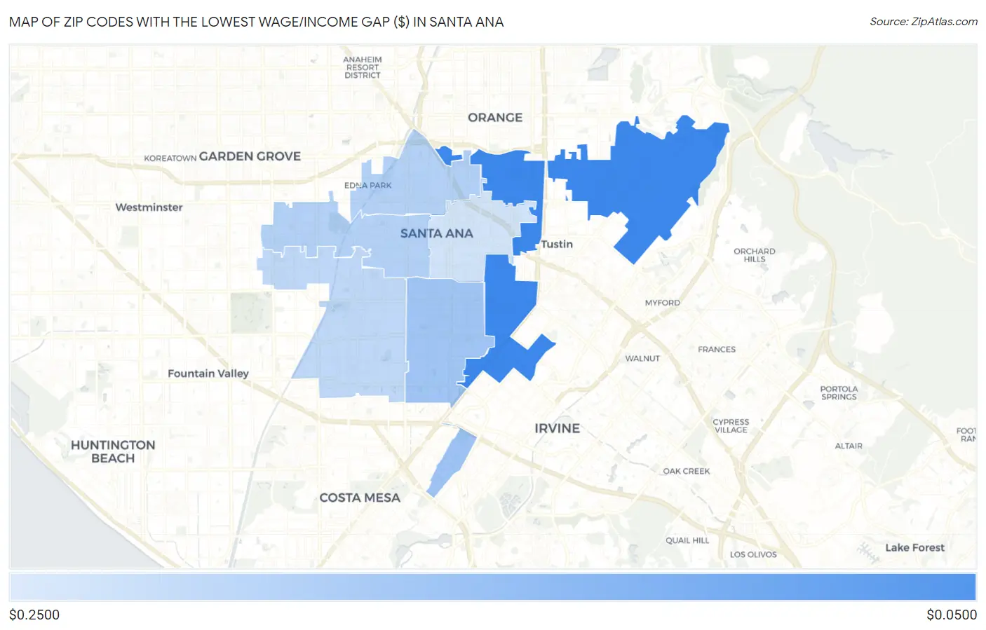 Zip Codes with the Lowest Wage/Income Gap ($) in Santa Ana Map