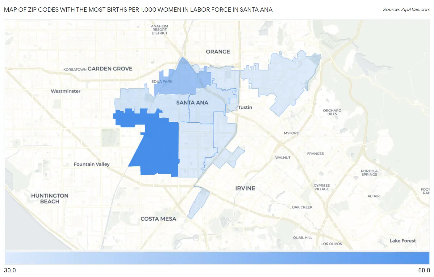 Zip Codes with the Most Births per 1,000 Women in Labor Force in Santa Ana Map