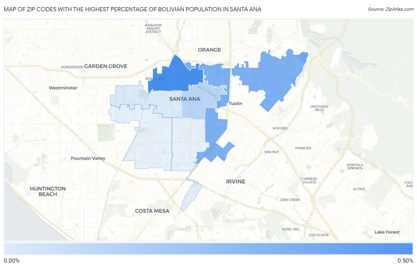 Zip Codes with the Highest Percentage of Bolivian Population in Santa Ana Map
