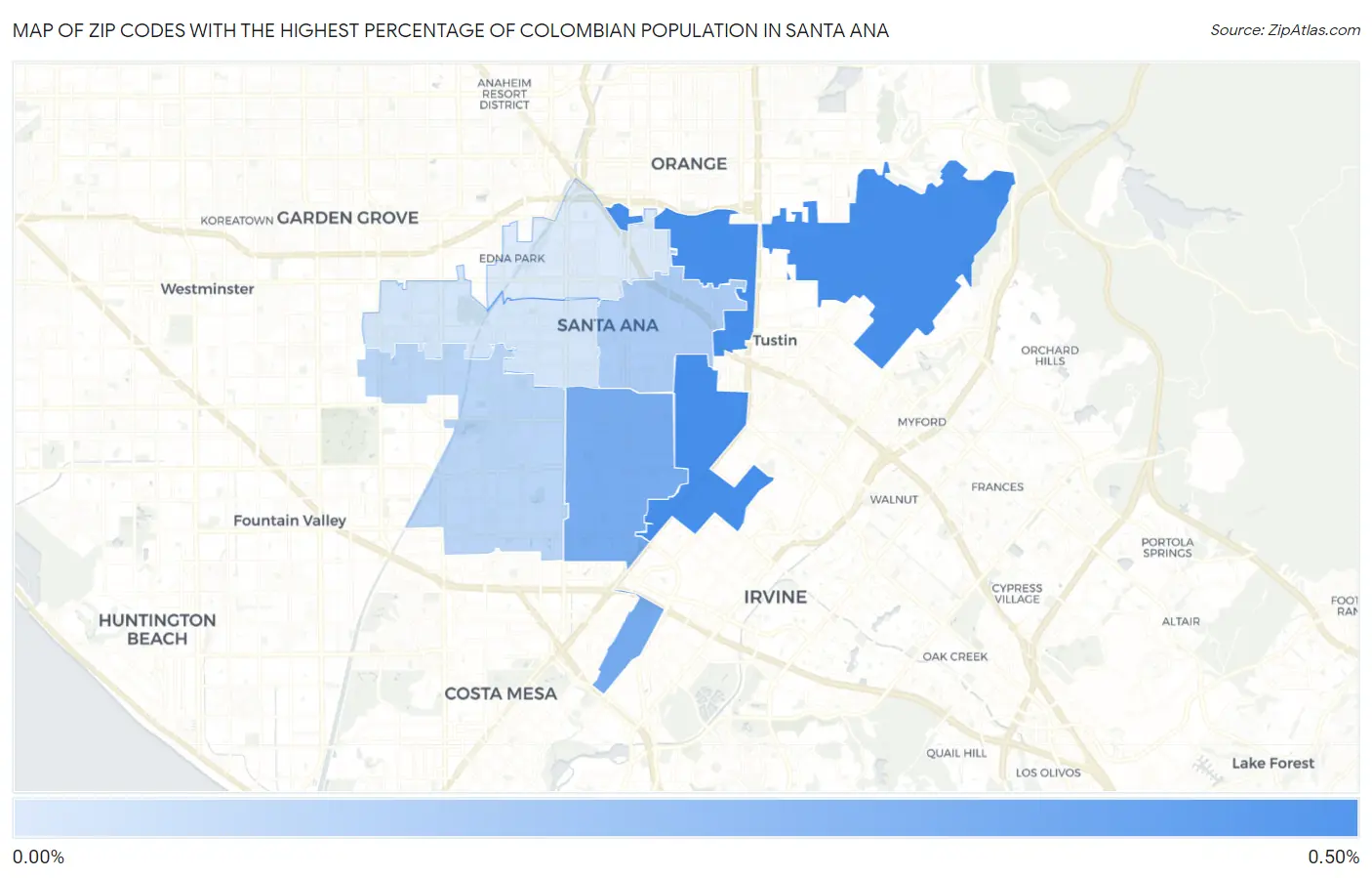 Zip Codes with the Highest Percentage of Colombian Population in Santa Ana Map