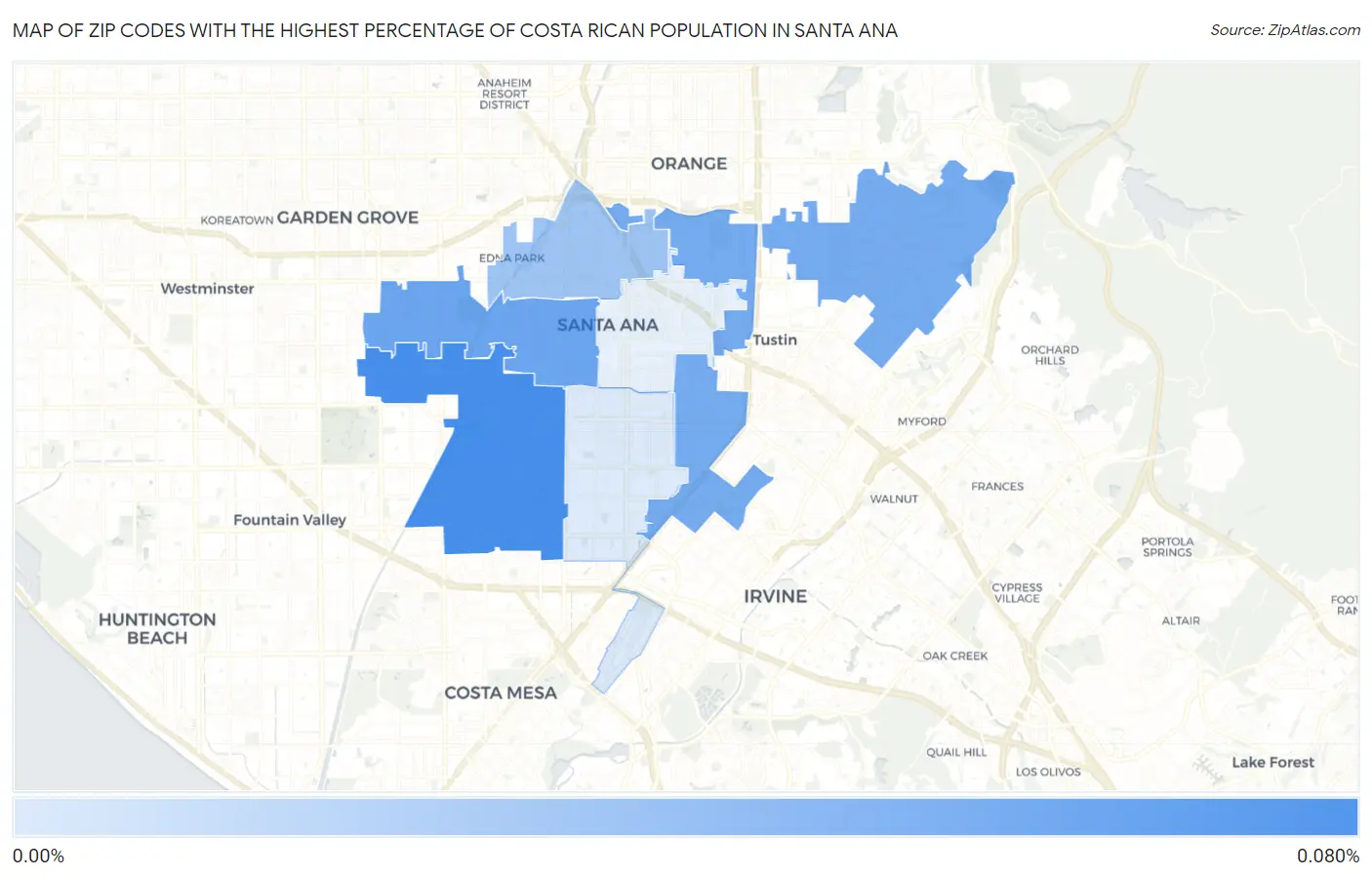 Zip Codes with the Highest Percentage of Costa Rican Population in Santa Ana Map