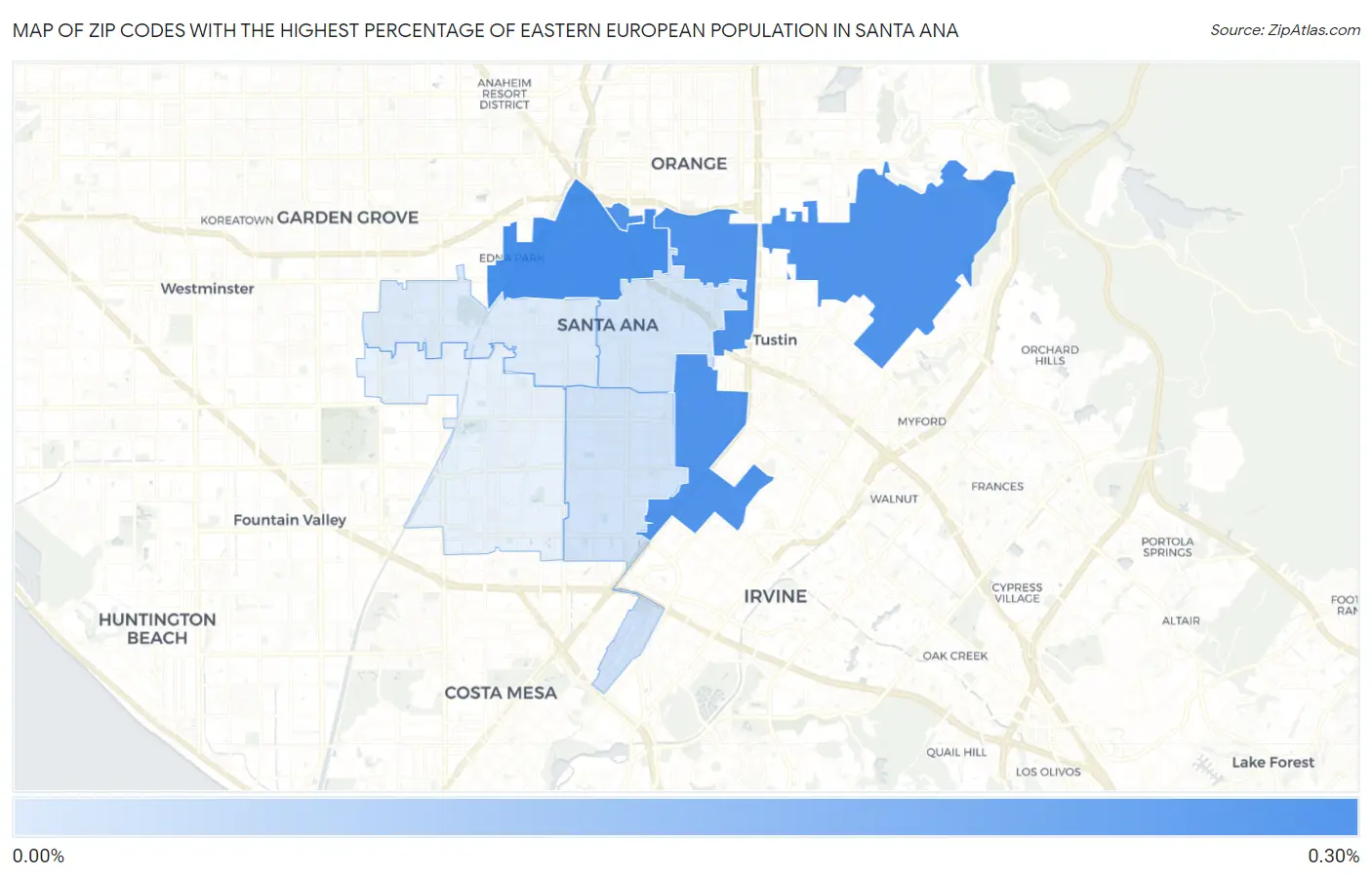 Zip Codes with the Highest Percentage of Eastern European Population in Santa Ana Map