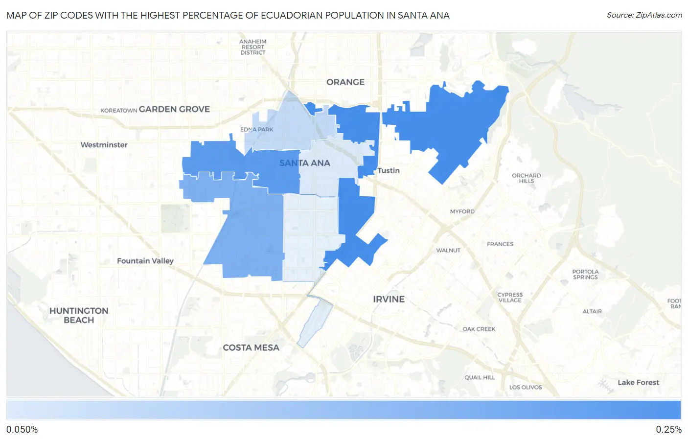 Zip Codes with the Highest Percentage of Ecuadorian Population in Santa Ana Map