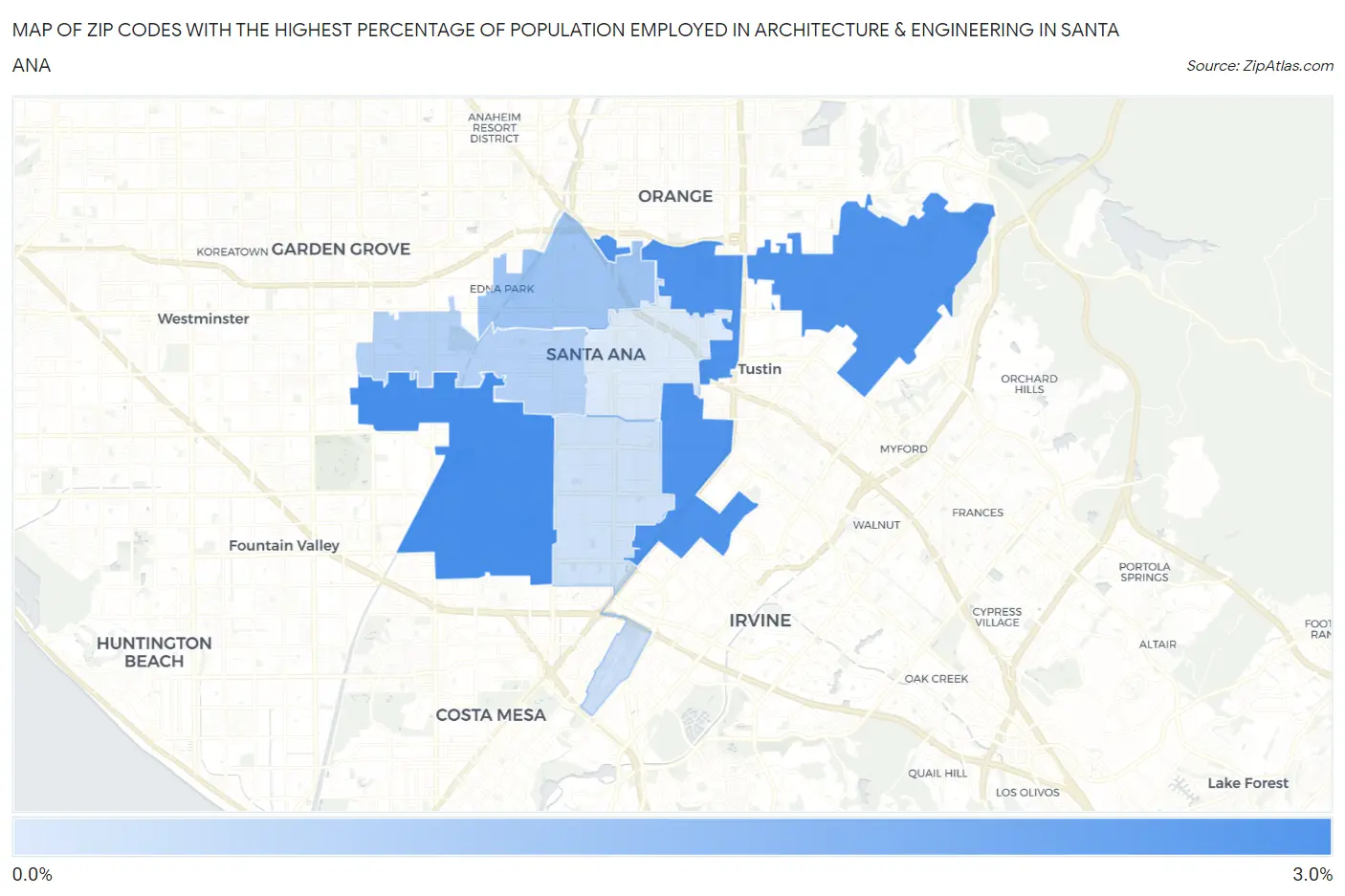 Zip Codes with the Highest Percentage of Population Employed in Architecture & Engineering in Santa Ana Map