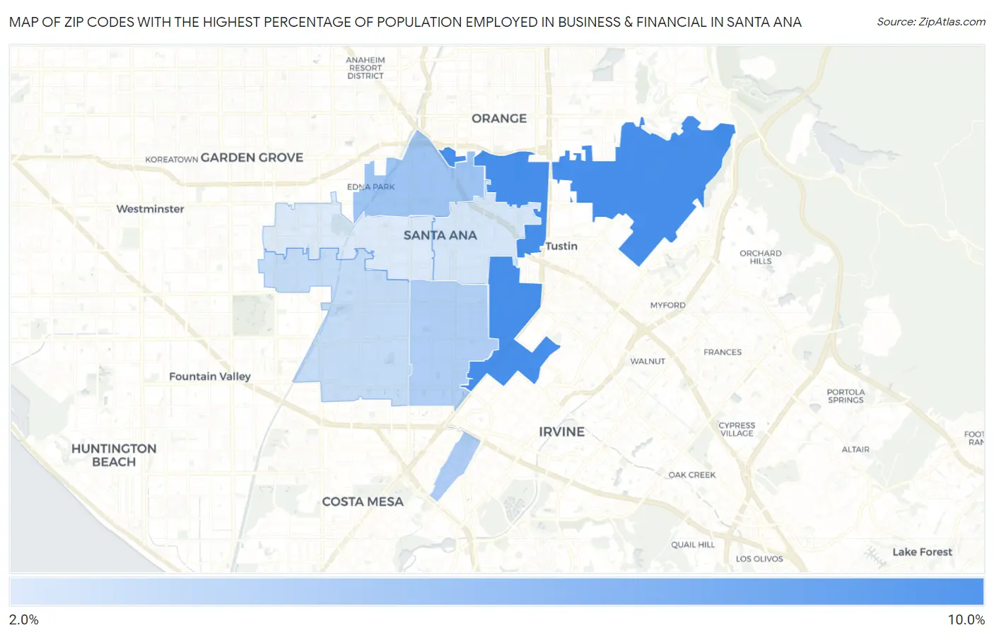Zip Codes with the Highest Percentage of Population Employed in Business & Financial in Santa Ana Map