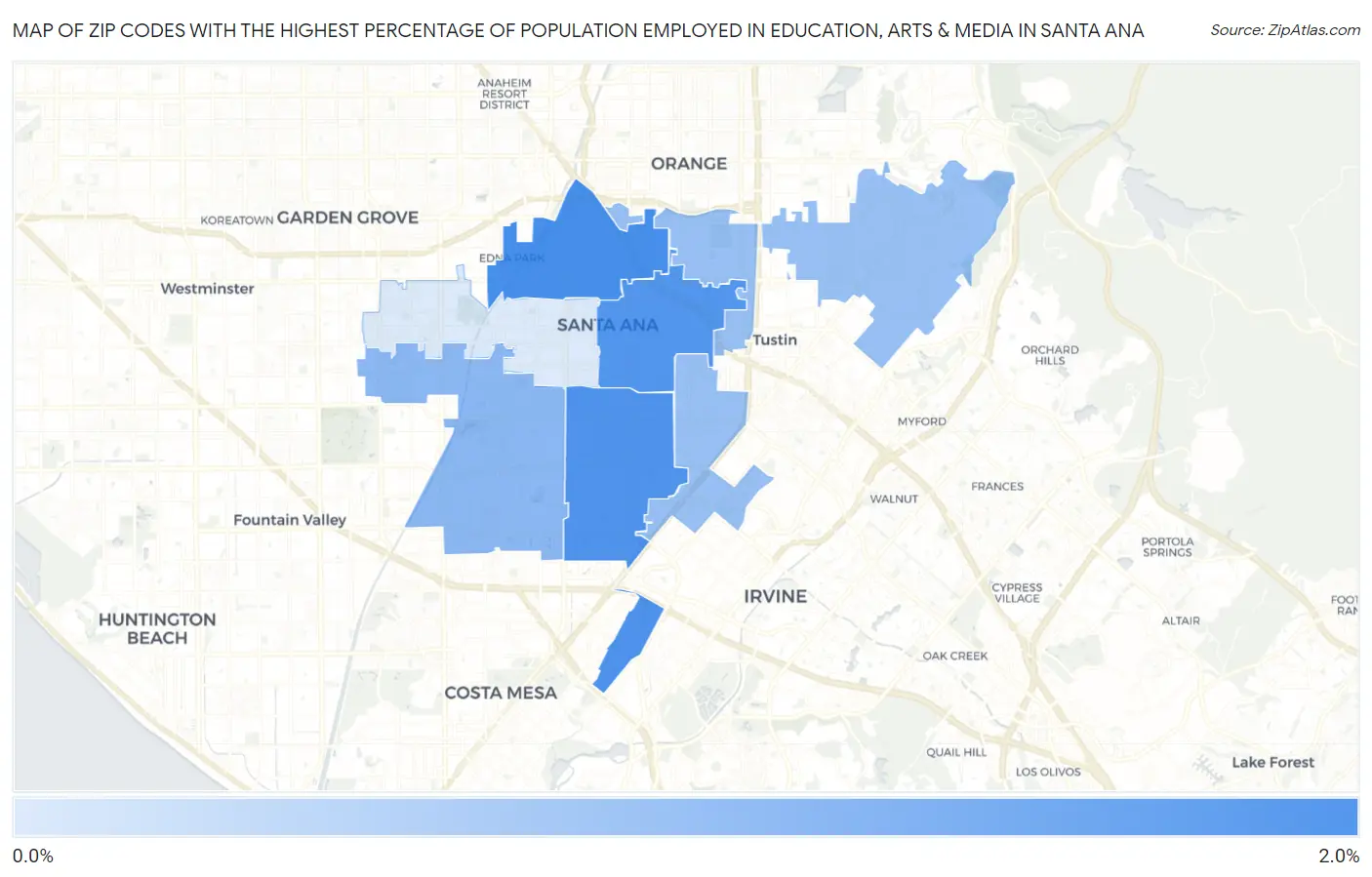 Zip Codes with the Highest Percentage of Population Employed in Education, Arts & Media in Santa Ana Map