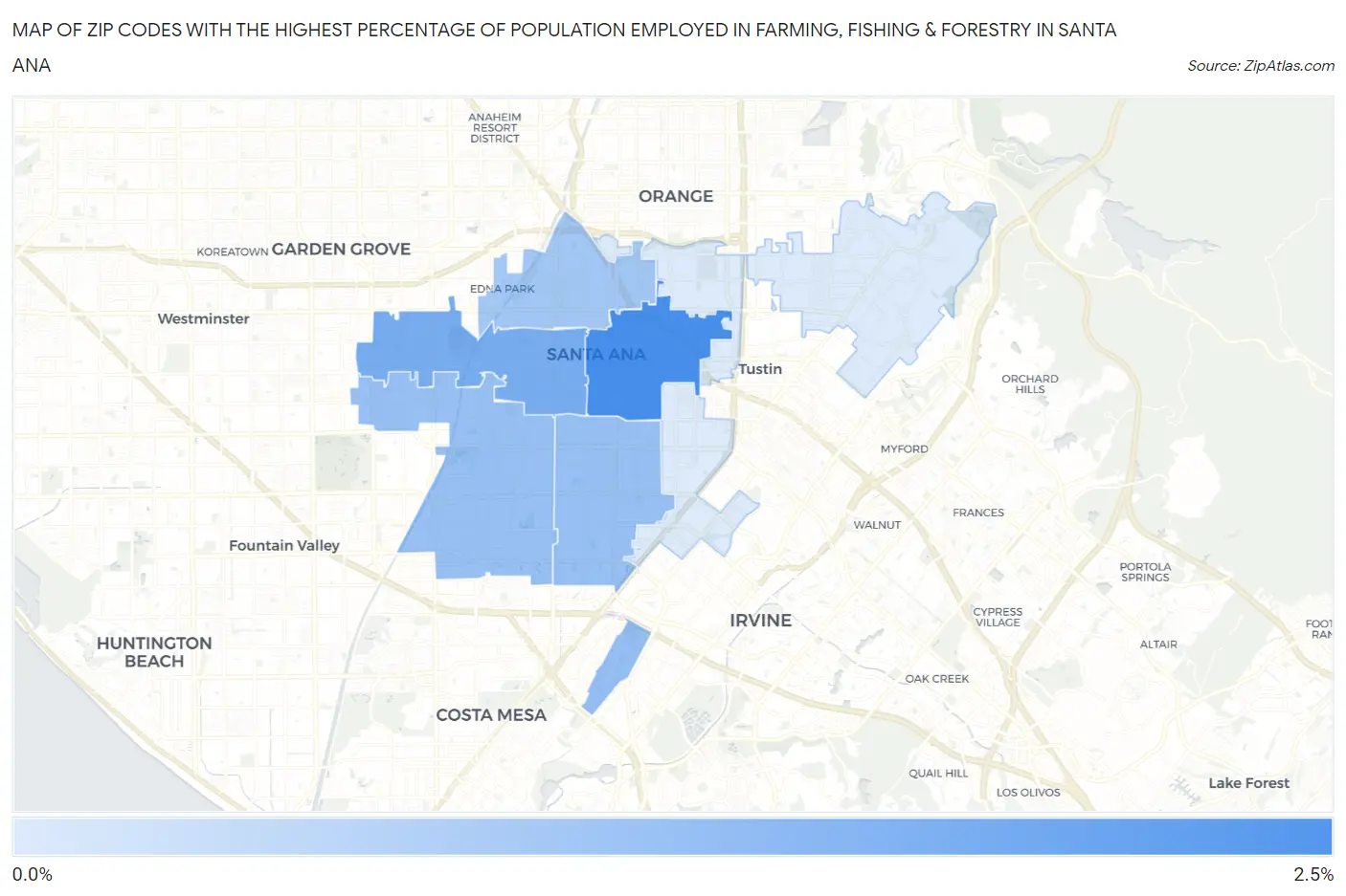 Zip Codes with the Highest Percentage of Population Employed in Farming, Fishing & Forestry in Santa Ana Map
