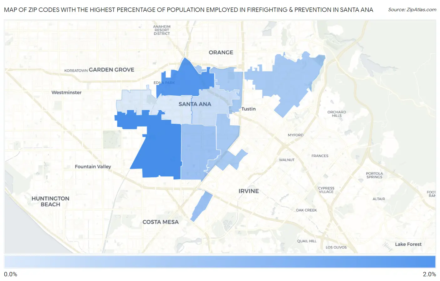 Zip Codes with the Highest Percentage of Population Employed in Firefighting & Prevention in Santa Ana Map