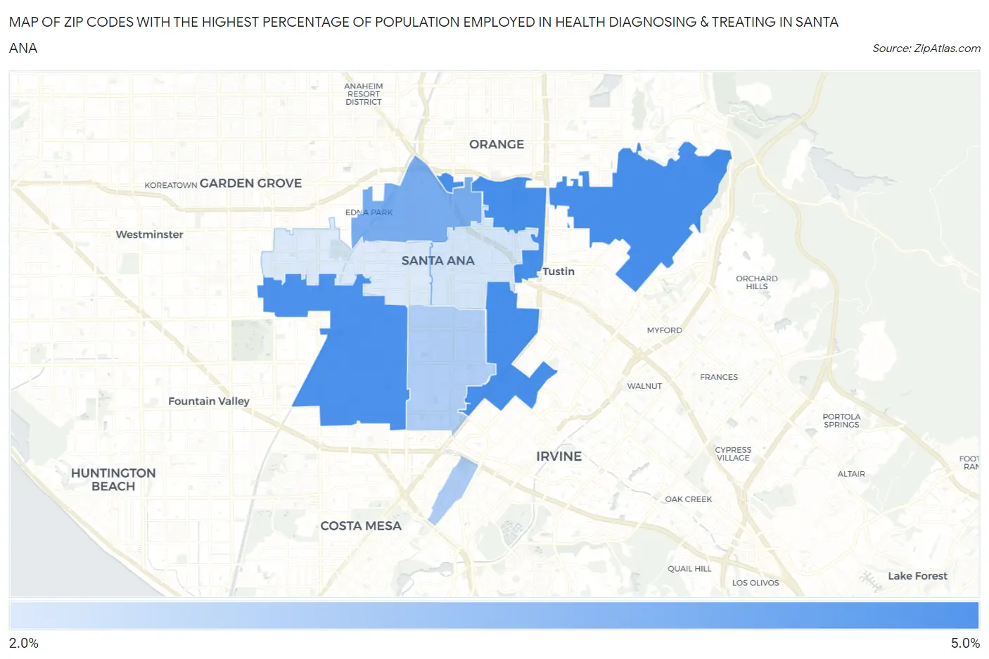 Zip Codes with the Highest Percentage of Population Employed in Health Diagnosing & Treating in Santa Ana Map