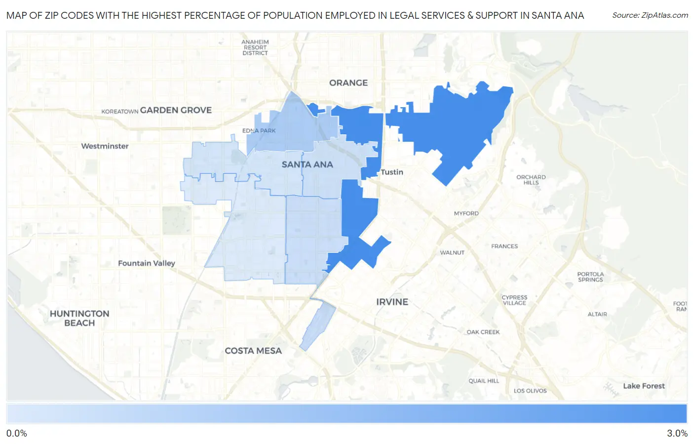 Zip Codes with the Highest Percentage of Population Employed in Legal Services & Support in Santa Ana Map