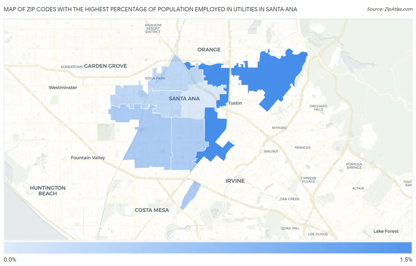 Zip Codes with the Highest Percentage of Population Employed in Utilities in Santa Ana Map