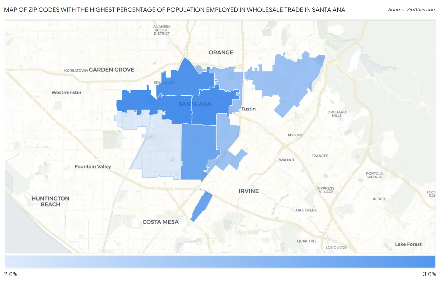 Zip Codes with the Highest Percentage of Population Employed in Wholesale Trade in Santa Ana Map