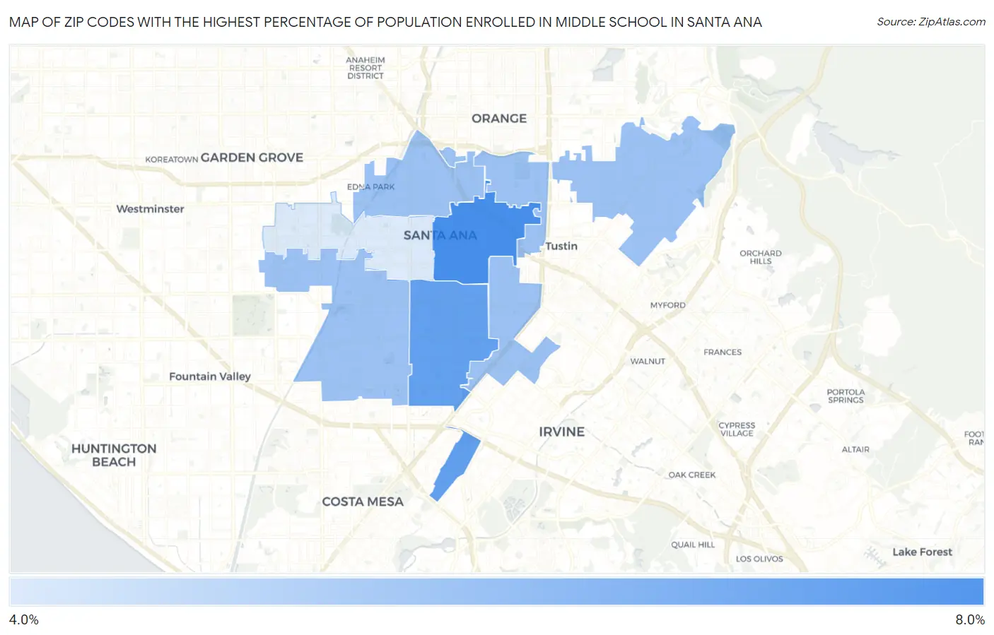 Zip Codes with the Highest Percentage of Population Enrolled in Middle School in Santa Ana Map