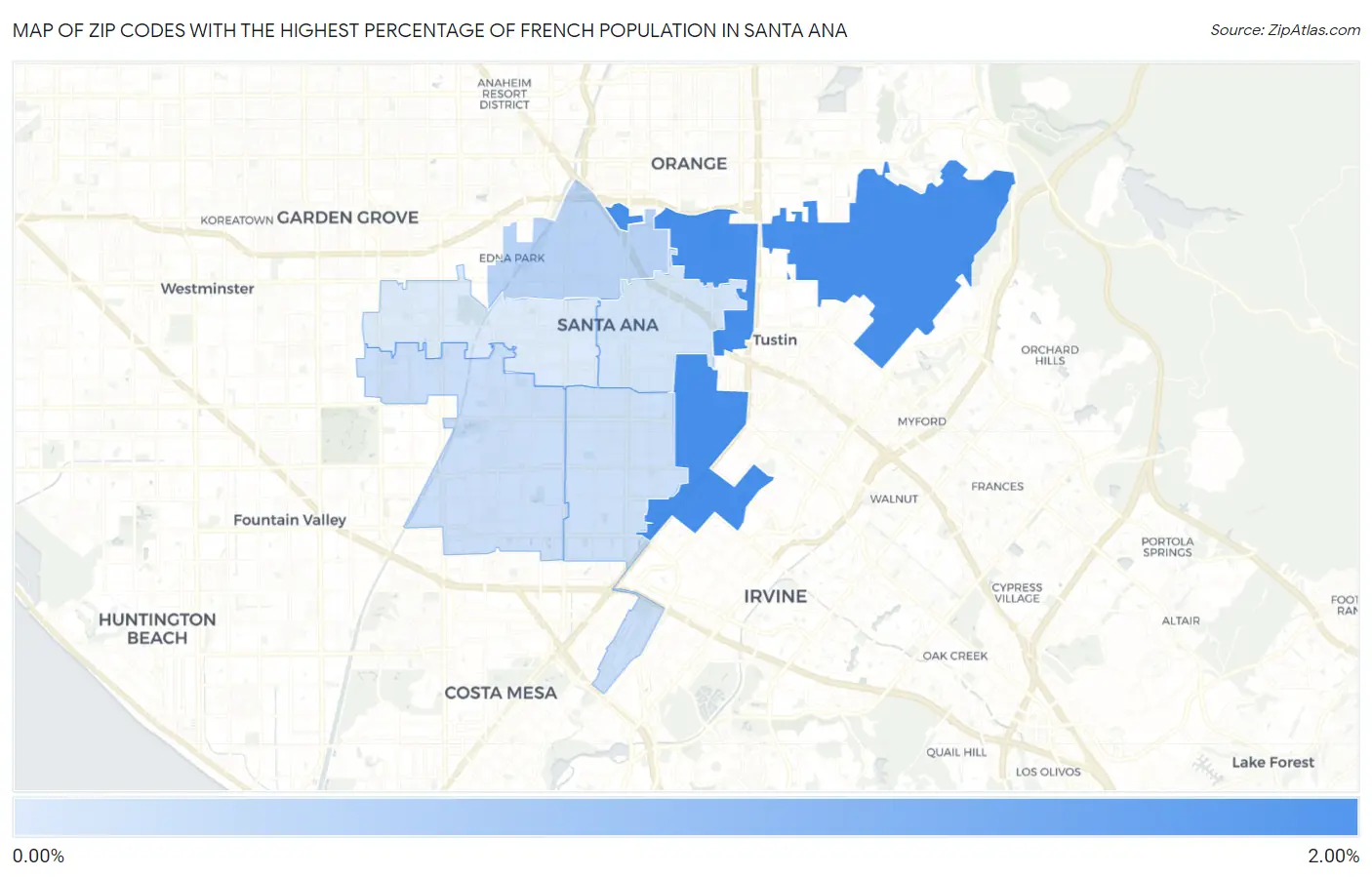Zip Codes with the Highest Percentage of French Population in Santa Ana Map