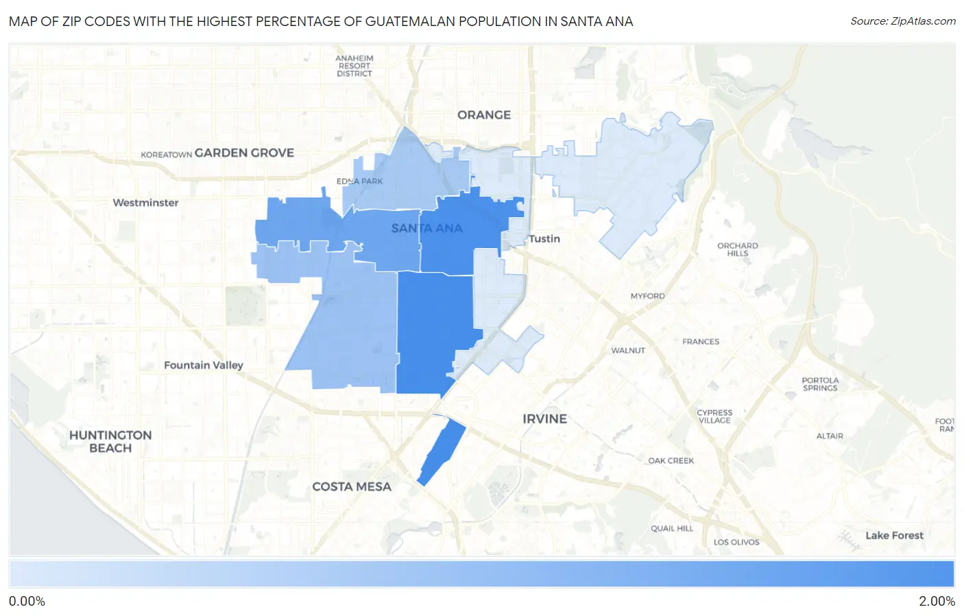Zip Codes with the Highest Percentage of Guatemalan Population in Santa Ana Map