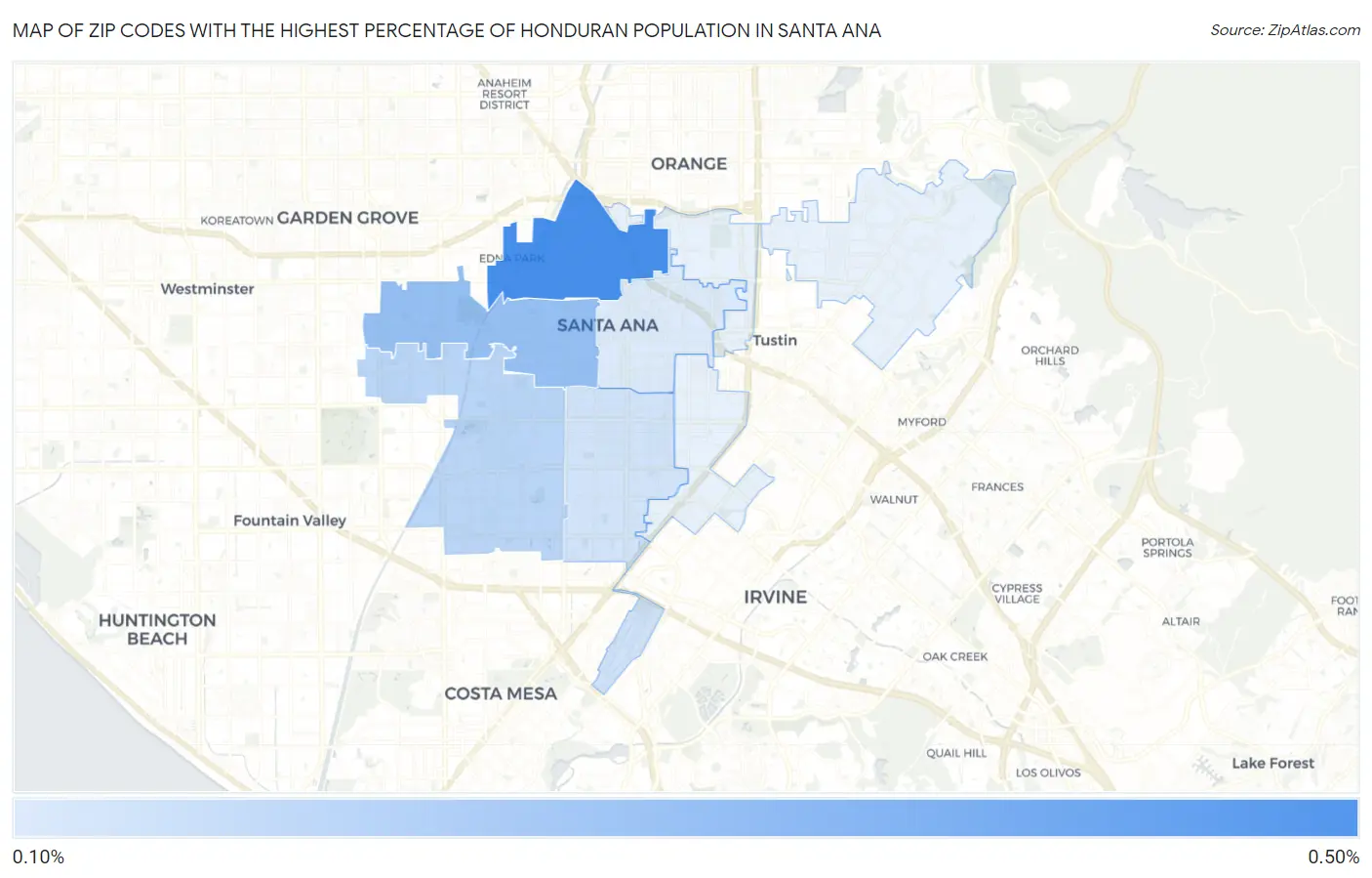 Zip Codes with the Highest Percentage of Honduran Population in Santa Ana Map