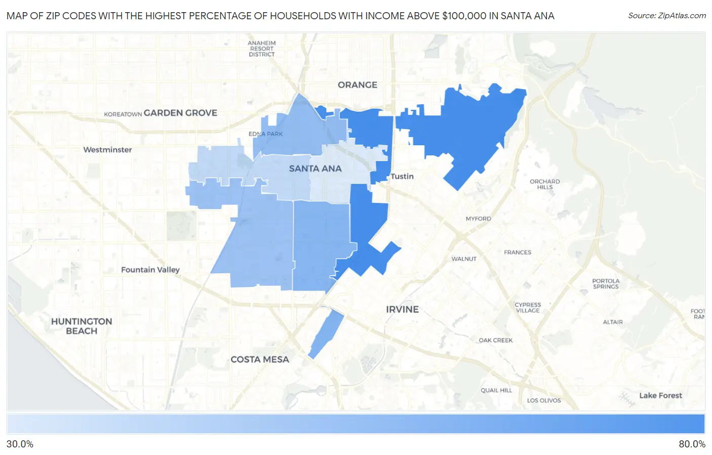 Zip Codes with the Highest Percentage of Households with Income Above $100,000 in Santa Ana Map