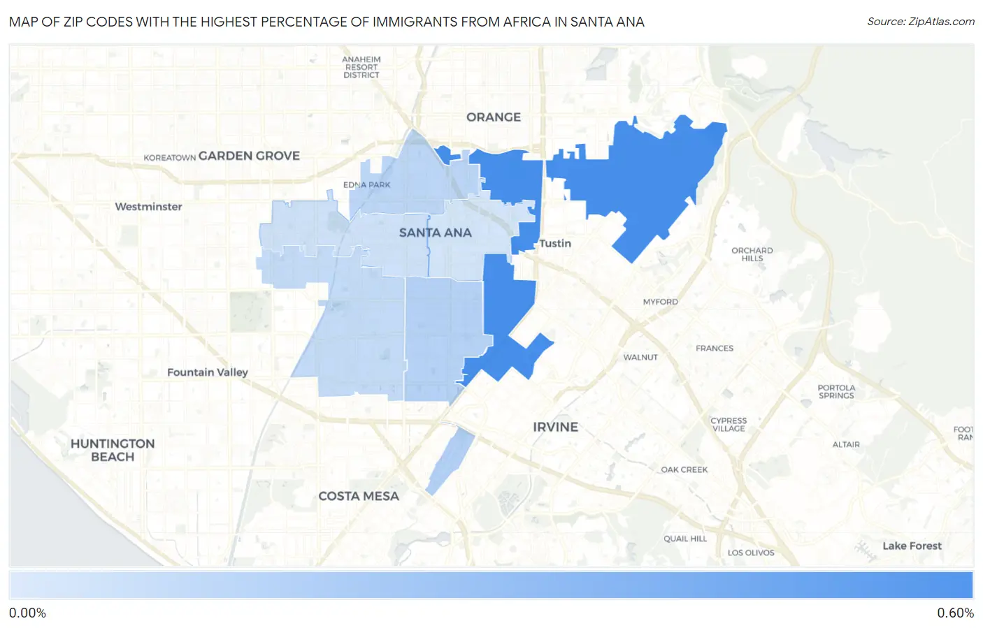 Zip Codes with the Highest Percentage of Immigrants from Africa in Santa Ana Map