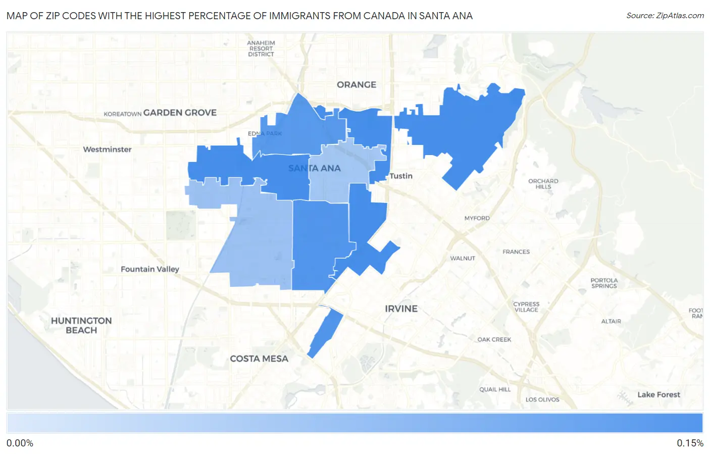 Zip Codes with the Highest Percentage of Immigrants from Canada in Santa Ana Map