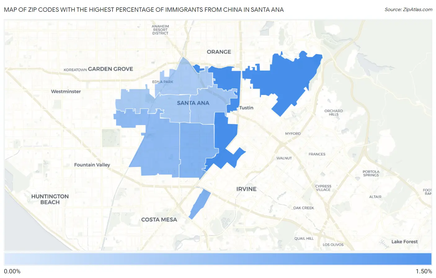 Zip Codes with the Highest Percentage of Immigrants from China in Santa Ana Map