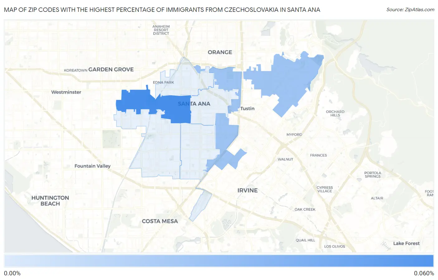 Zip Codes with the Highest Percentage of Immigrants from Czechoslovakia in Santa Ana Map