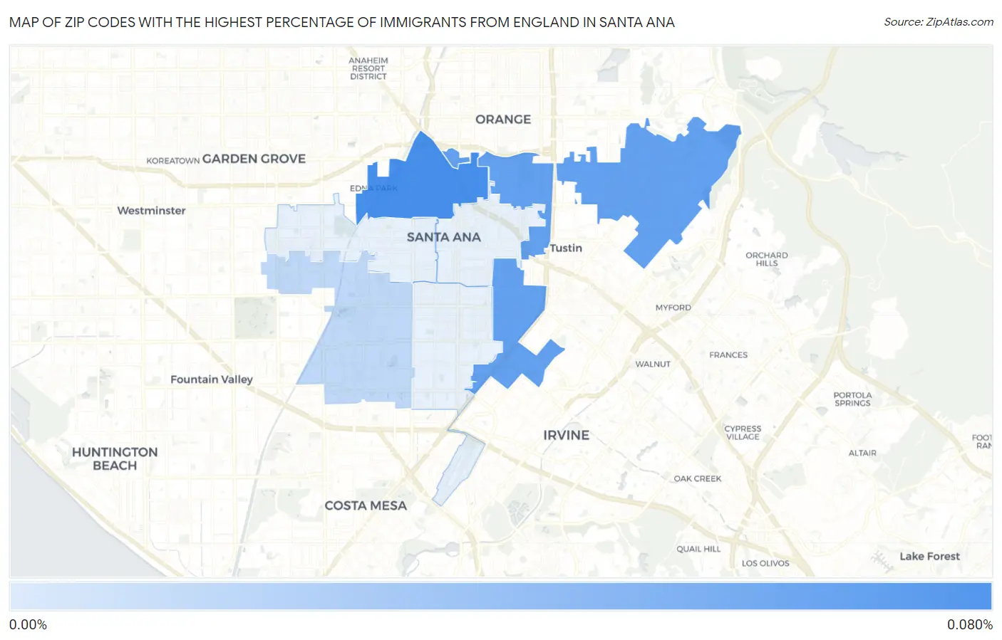 Zip Codes with the Highest Percentage of Immigrants from England in Santa Ana Map