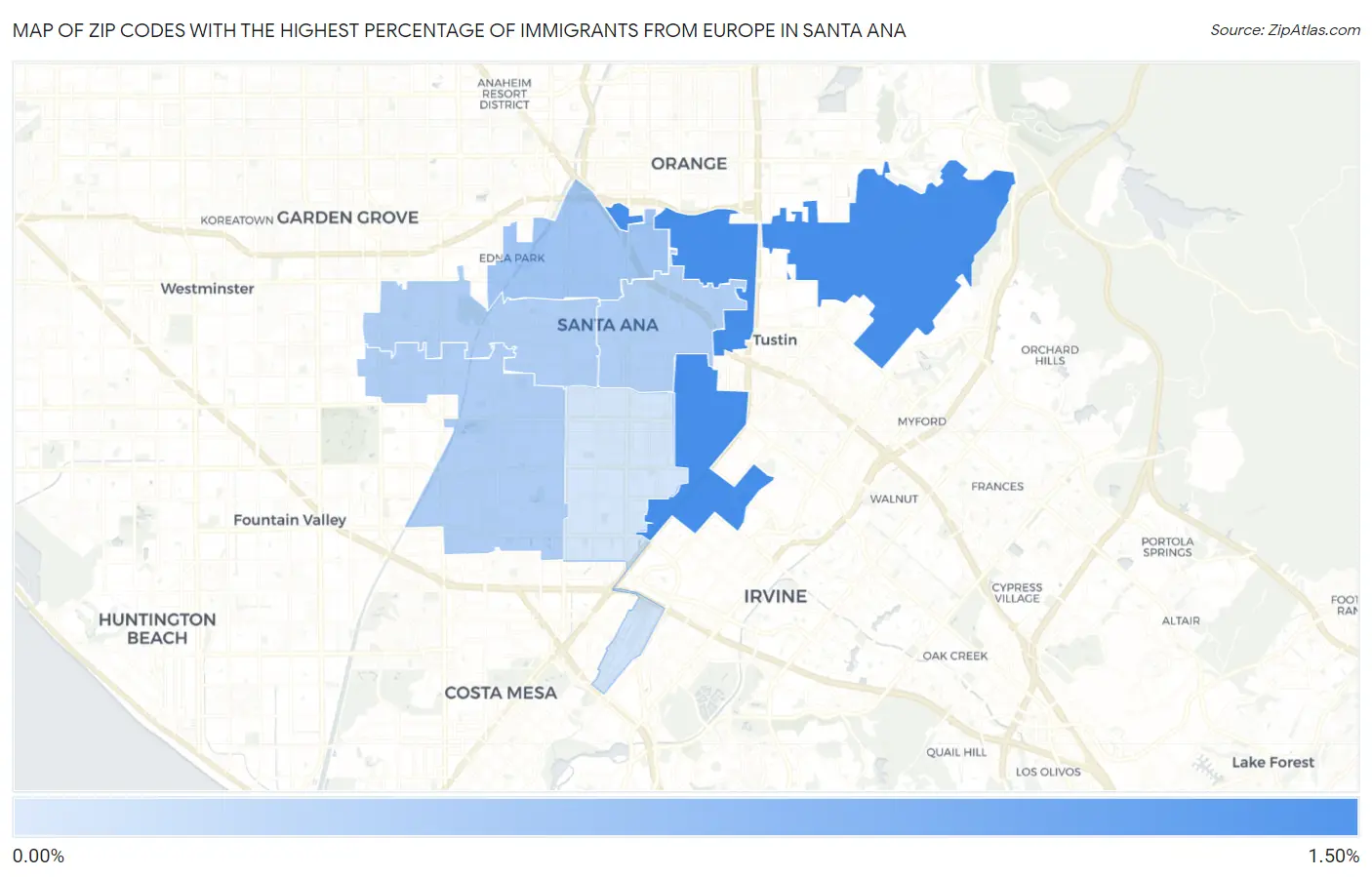 Zip Codes with the Highest Percentage of Immigrants from Europe in Santa Ana Map