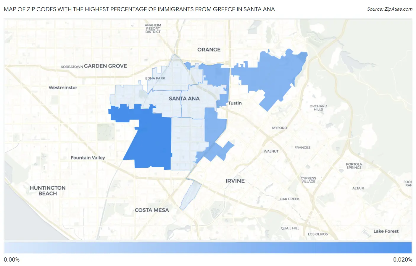 Zip Codes with the Highest Percentage of Immigrants from Greece in Santa Ana Map