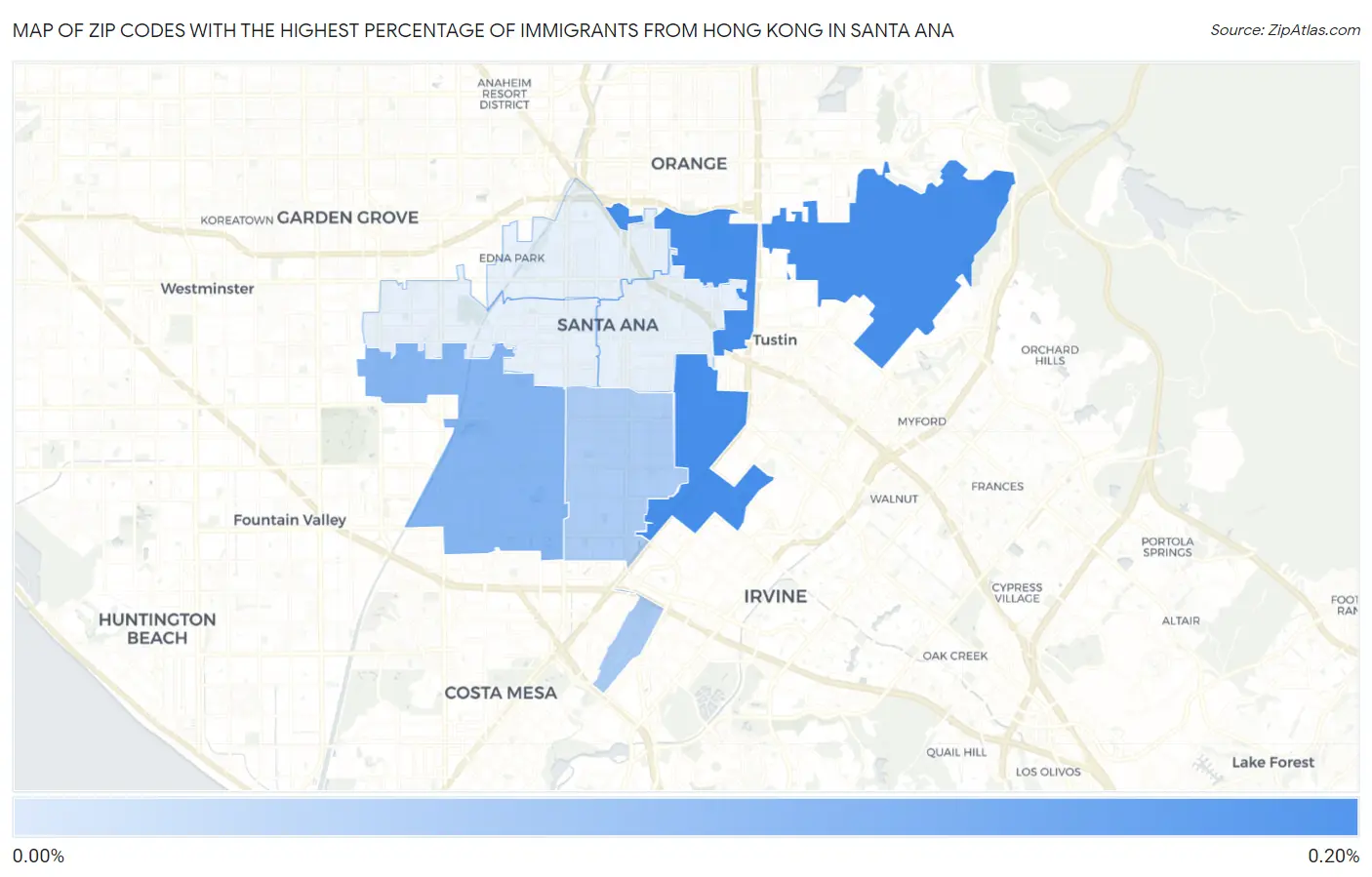 Zip Codes with the Highest Percentage of Immigrants from Hong Kong in Santa Ana Map