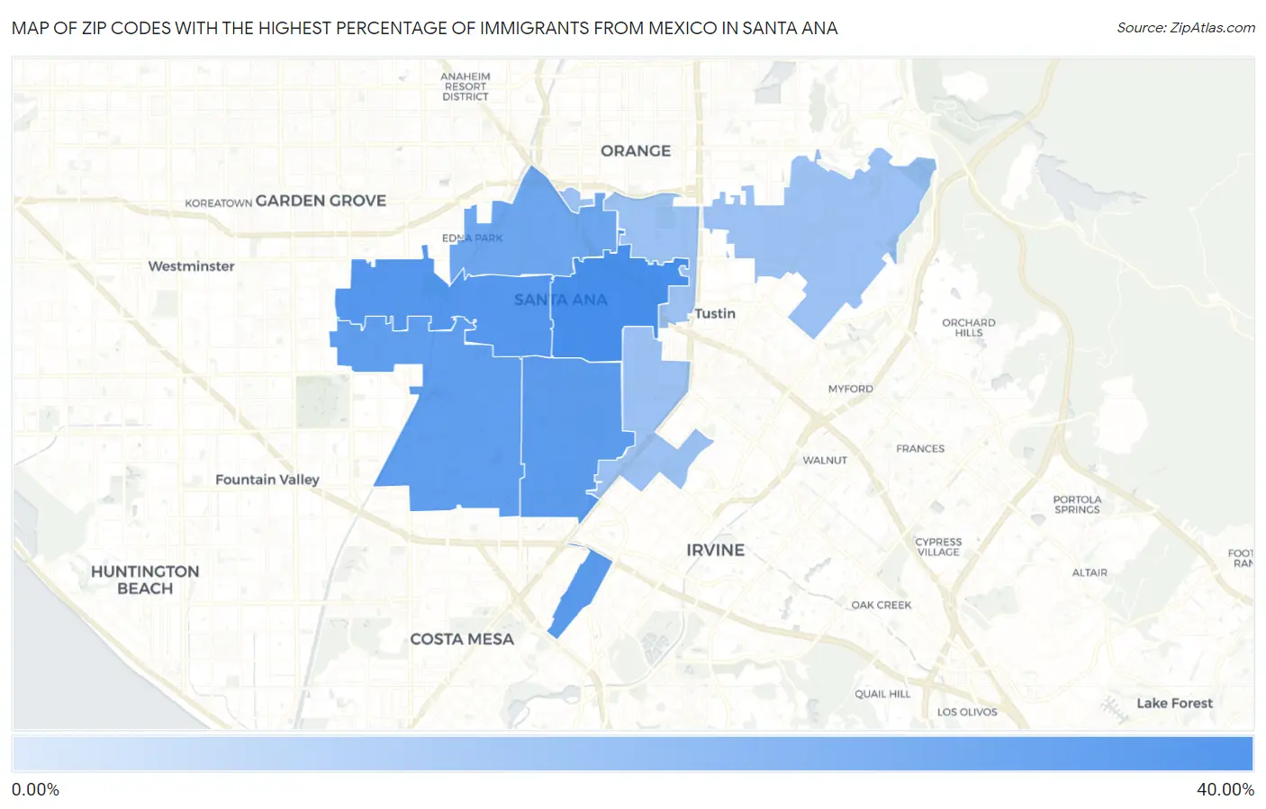 Zip Codes with the Highest Percentage of Immigrants from Mexico in Santa Ana Map
