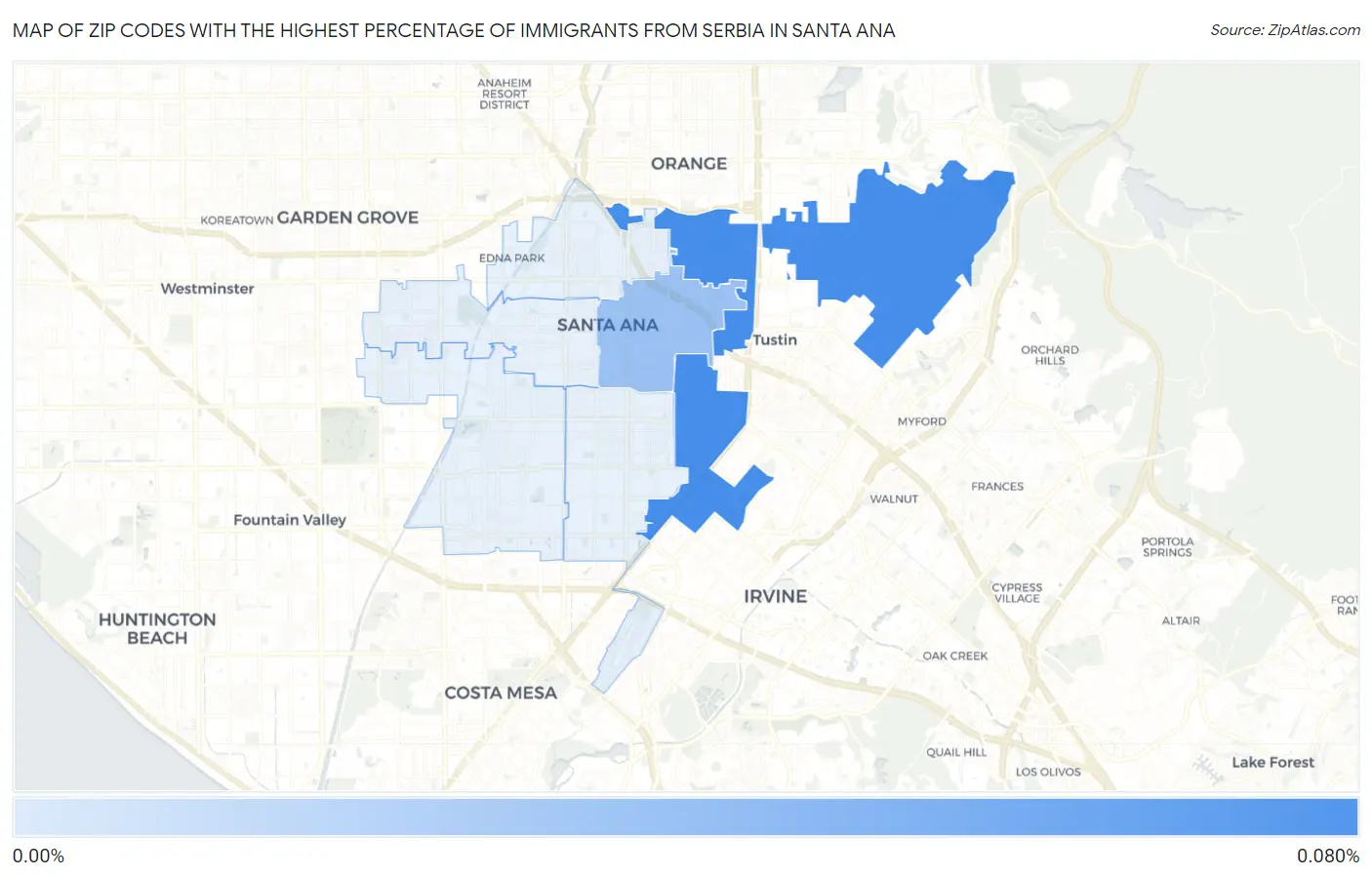 Zip Codes with the Highest Percentage of Immigrants from Serbia in Santa Ana Map
