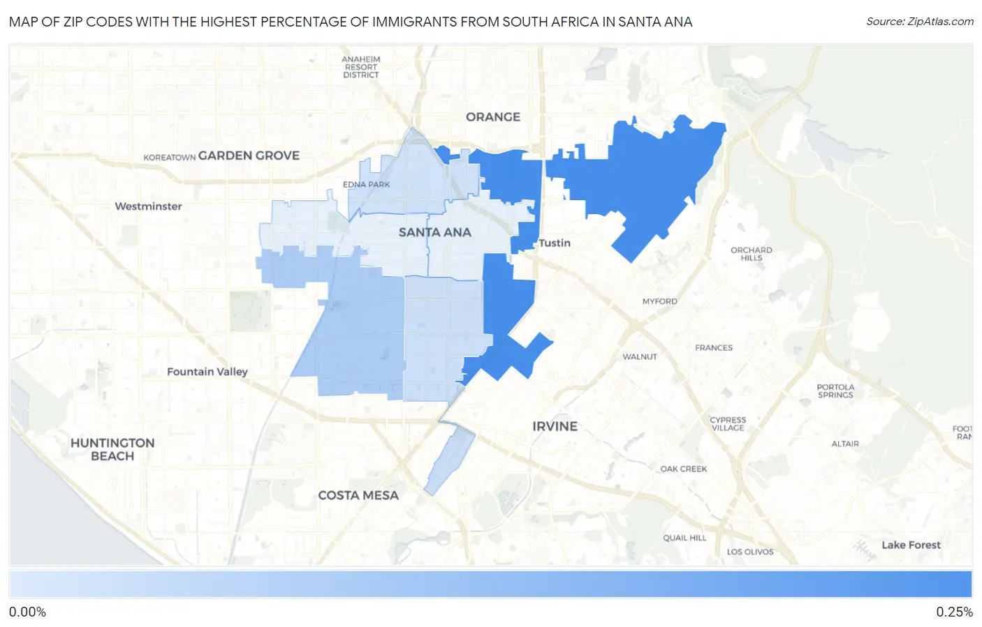 Zip Codes with the Highest Percentage of Immigrants from South Africa in Santa Ana Map