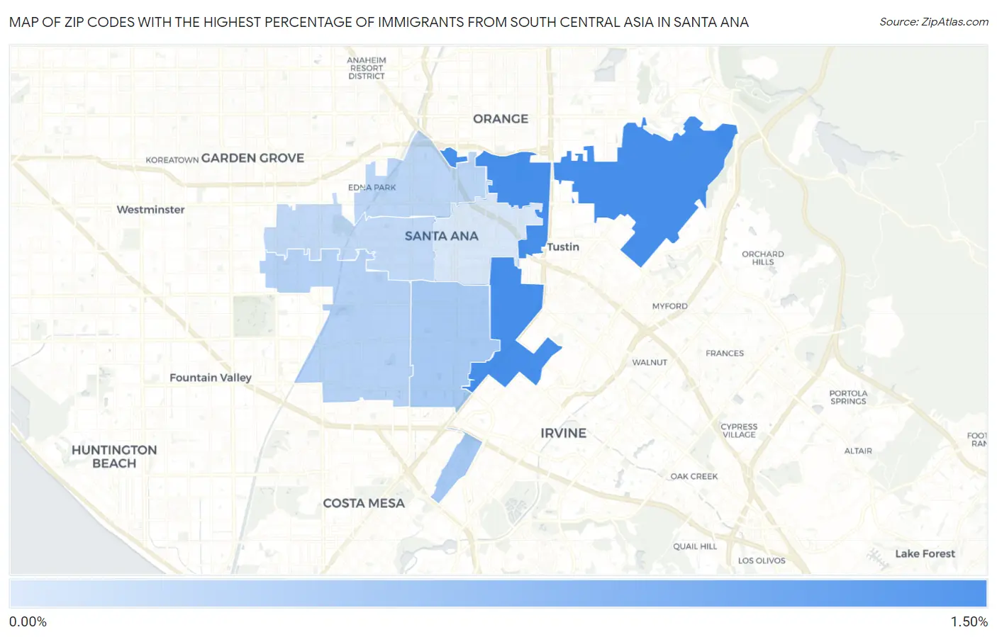 Zip Codes with the Highest Percentage of Immigrants from South Central Asia in Santa Ana Map
