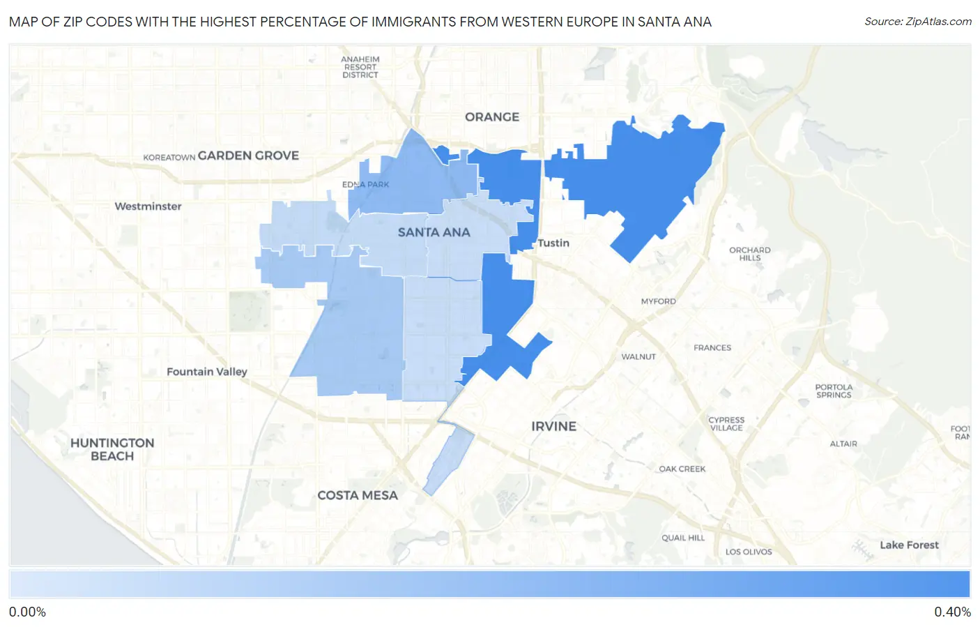 Zip Codes with the Highest Percentage of Immigrants from Western Europe in Santa Ana Map