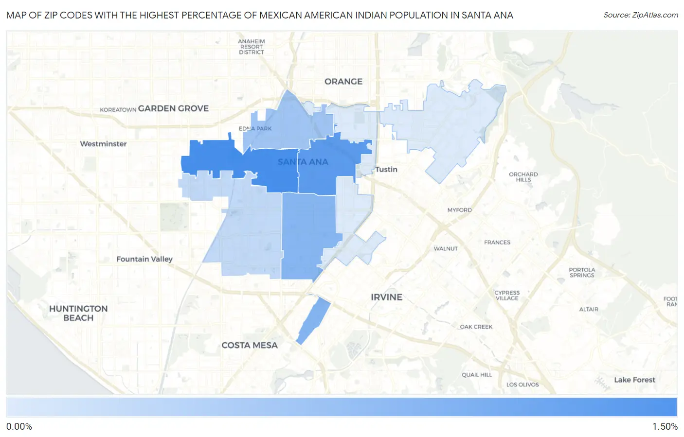 Zip Codes with the Highest Percentage of Mexican American Indian Population in Santa Ana Map