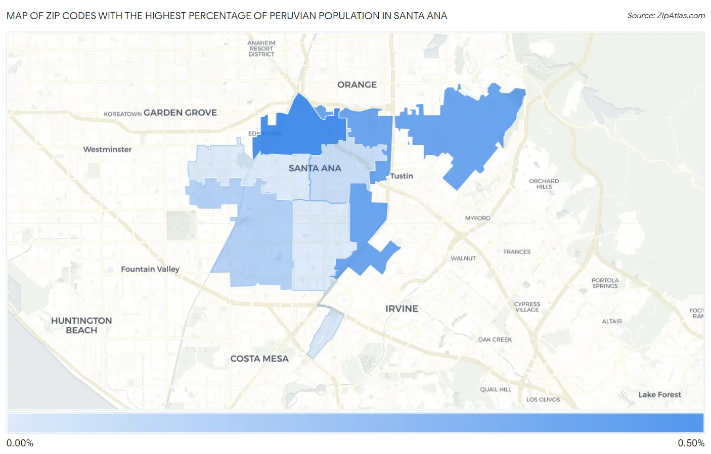 Zip Codes with the Highest Percentage of Peruvian Population in Santa Ana Map